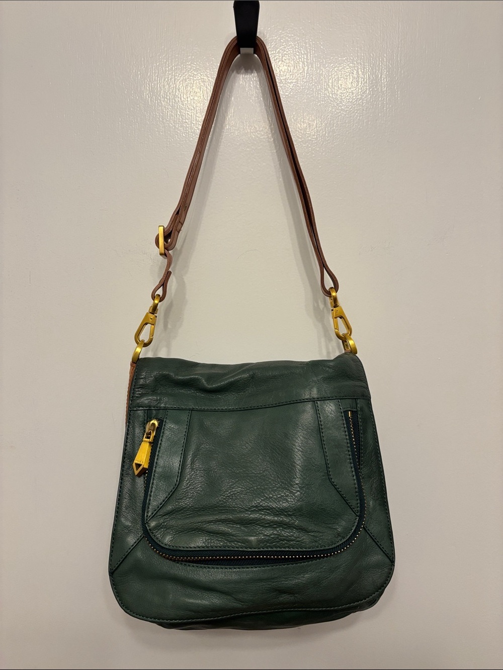 Women's Dark Green Leather Shoulder Bag with Brown Strap